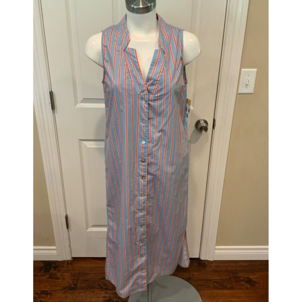 Pomander Place Lara Blue, Pink & Red Striped Midi Sheath Dress W/V-Neck, Size XS